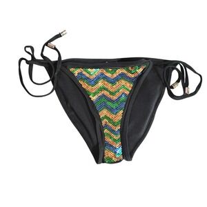 COOGI Black Zigzag‎ Sequin Bikini String Bottom Tie Small Beach Pool Vacation